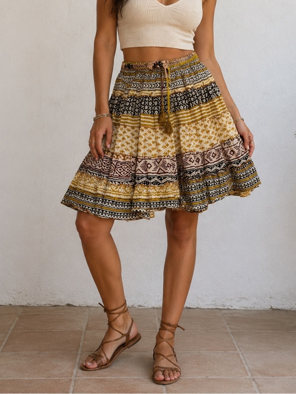 Boho Tiered Skater Skirt in Mustard Floral Print